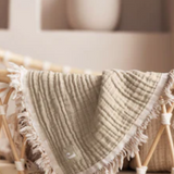 Couverture berceau - 75 x 100 cm - Franges Olive Green/Ivory | JOLLEIN